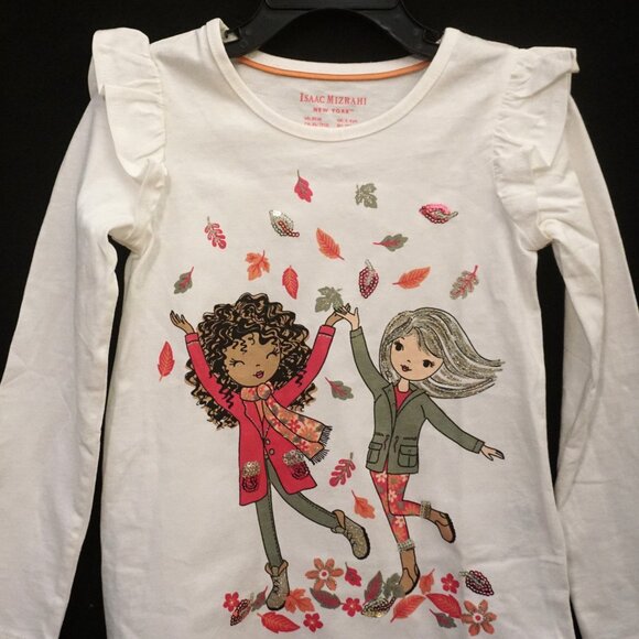 Isaac Mizrahi Friends Playing in Leaves Long Sleeve Ruffles Ivory Tee Girl’s XS - Picture 3 of 7